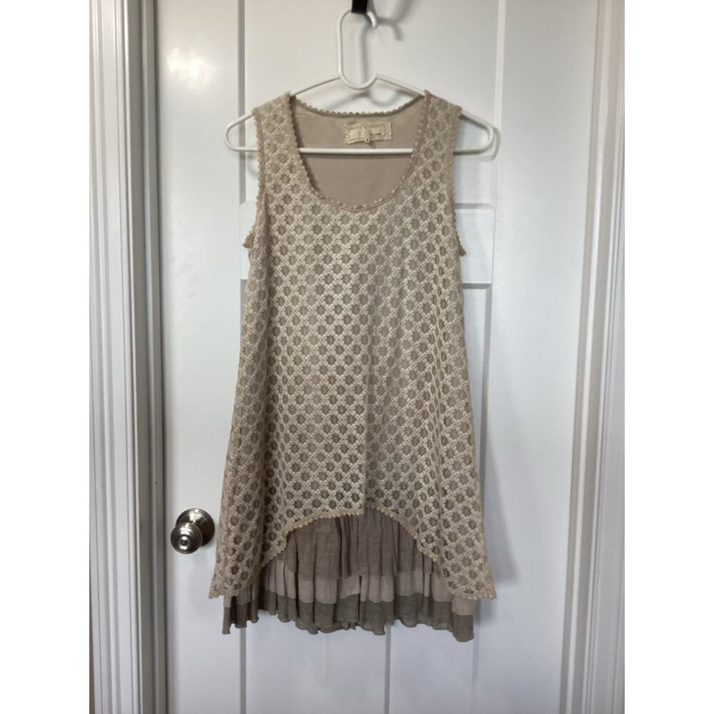 A'reve Women's Pleated tiered ruffle Lace Boho Mini Dress Taupe Beige Size Small